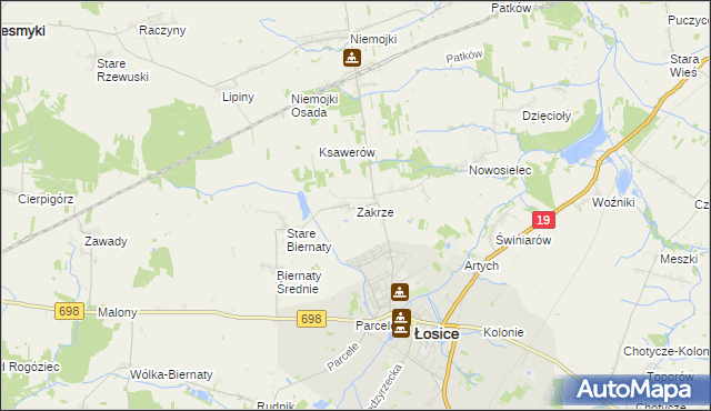 mapa Zakrze gmina Łosice, Zakrze gmina Łosice na mapie Targeo