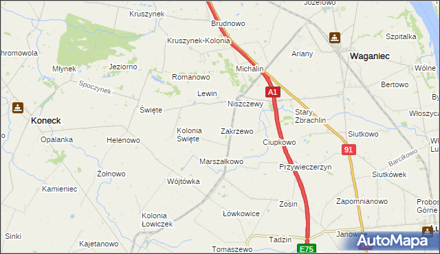 mapa Zakrzewo gmina Waganiec, Zakrzewo gmina Waganiec na mapie Targeo