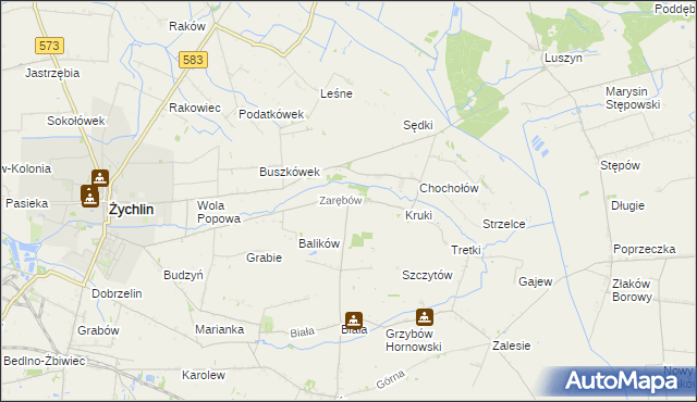 mapa Zarębów gmina Żychlin, Zarębów gmina Żychlin na mapie Targeo