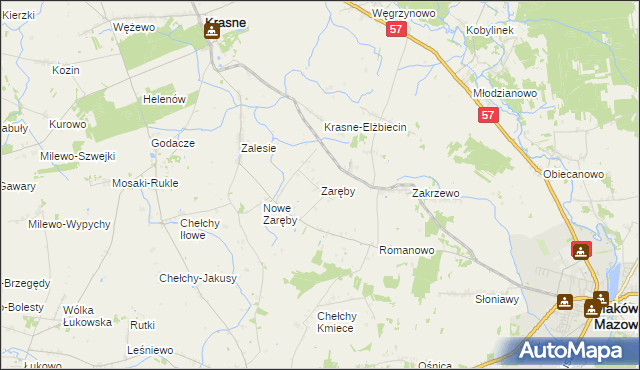 mapa Zaręby gmina Karniewo, Zaręby gmina Karniewo na mapie Targeo