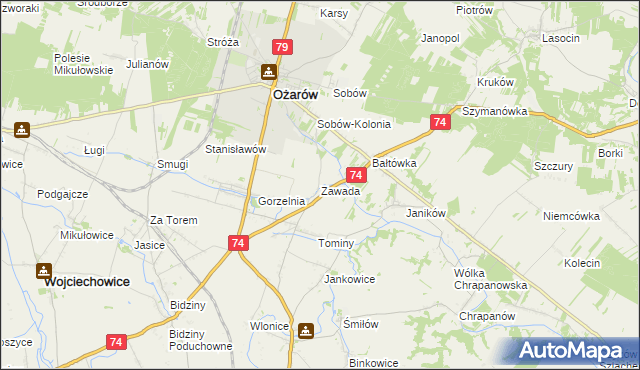 mapa Zawada gmina Ożarów, Zawada gmina Ożarów na mapie Targeo