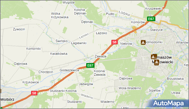 mapa Zawada gmina Tomaszów Mazowiecki, Zawada gmina Tomaszów Mazowiecki na mapie Targeo