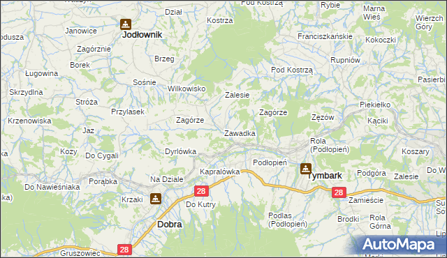 mapa Zawadka gmina Tymbark, Zawadka gmina Tymbark na mapie Targeo