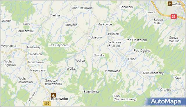 mapa Zboiska gmina Bukowsko, Zboiska gmina Bukowsko na mapie Targeo