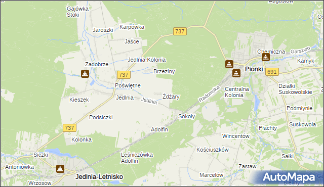 mapa Żdżary gmina Pionki, Żdżary gmina Pionki na mapie Targeo