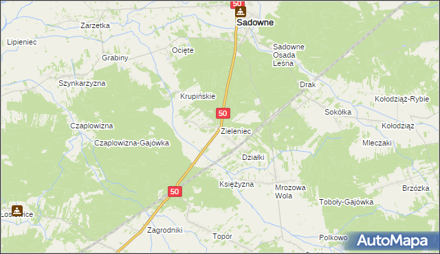 mapa Zieleniec gmina Sadowne, Zieleniec gmina Sadowne na mapie Targeo