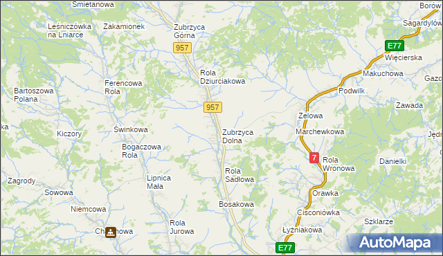 mapa Zubrzyca Dolna, Zubrzyca Dolna na mapie Targeo