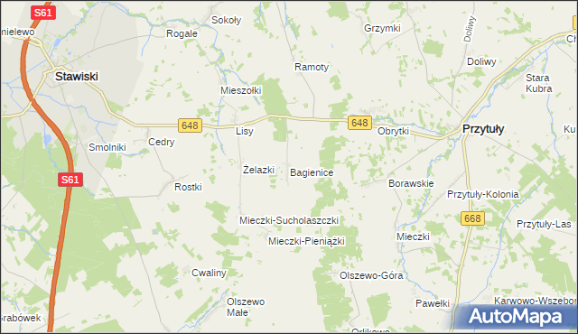 mapa Bagienice gmina Przytuły, Bagienice gmina Przytuły na mapie Targeo