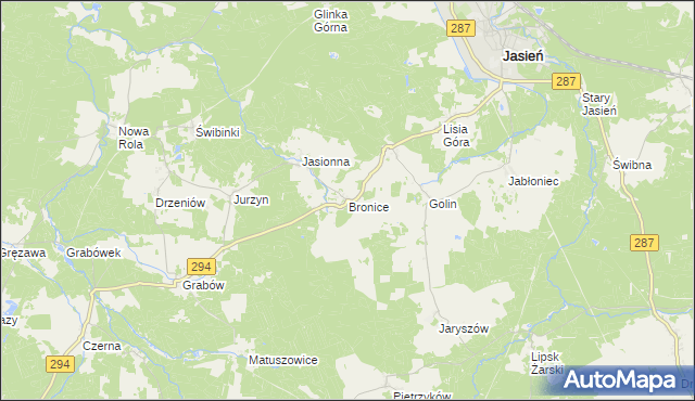 mapa Bronice gmina Jasień, Bronice gmina Jasień na mapie Targeo