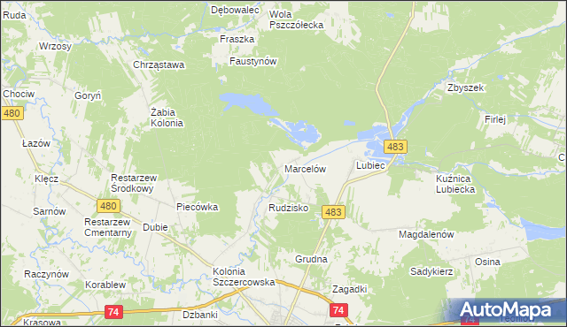 mapa Marcelów gmina Szczerców, Marcelów gmina Szczerców na mapie Targeo