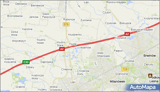 mapa Adamów gmina Grodzisk Mazowiecki, Adamów gmina Grodzisk Mazowiecki na mapie Targeo