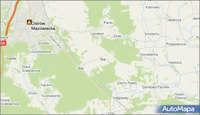 mapa Biel gmina Ostrów Mazowiecka, Biel gmina Ostrów Mazowiecka na mapie Targeo