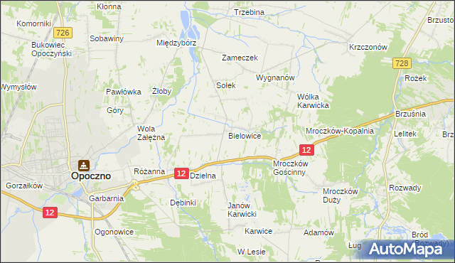 mapa Bielowice gmina Opoczno, Bielowice gmina Opoczno na mapie Targeo