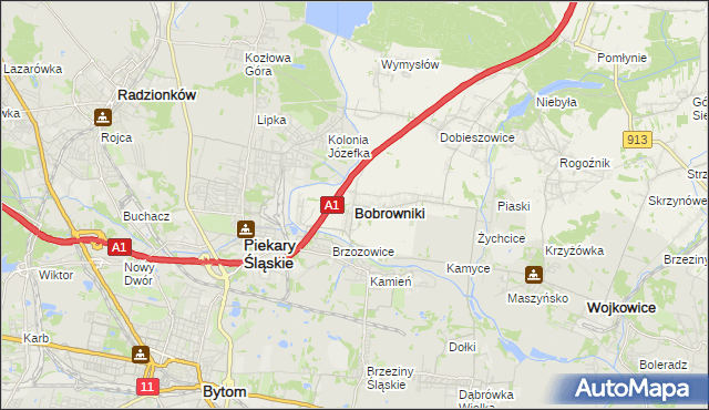 mapa Bobrowniki powiat będziński, Bobrowniki powiat będziński na mapie Targeo