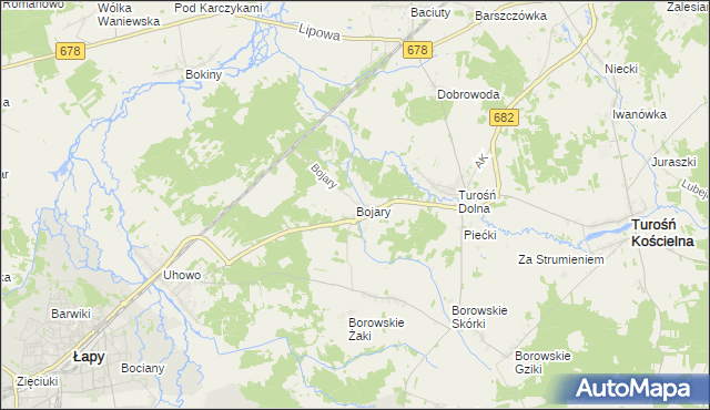 mapa Bojary gmina Turośń Kościelna, Bojary gmina Turośń Kościelna na mapie Targeo