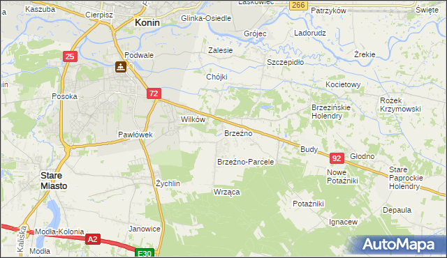 mapa Brzeźno gmina Krzymów, Brzeźno gmina Krzymów na mapie Targeo