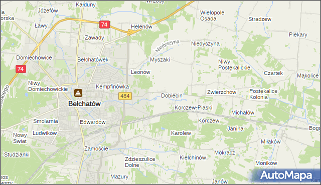 mapa Dobiecin gmina Bełchatów, Dobiecin gmina Bełchatów na mapie Targeo