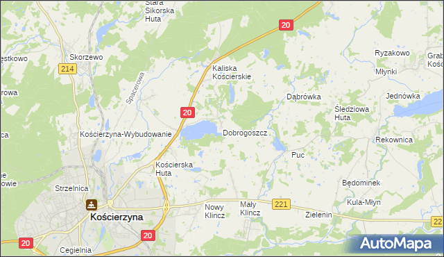 mapa Dobrogoszcz gmina Kościerzyna, Dobrogoszcz gmina Kościerzyna na mapie Targeo