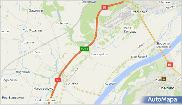 mapa Dworzysko gmina Świecie, Dworzysko gmina Świecie na mapie Targeo