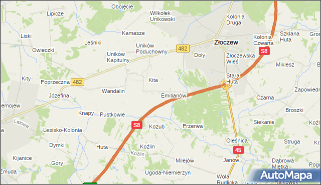 mapa Emilianów gmina Złoczew, Emilianów gmina Złoczew na mapie Targeo