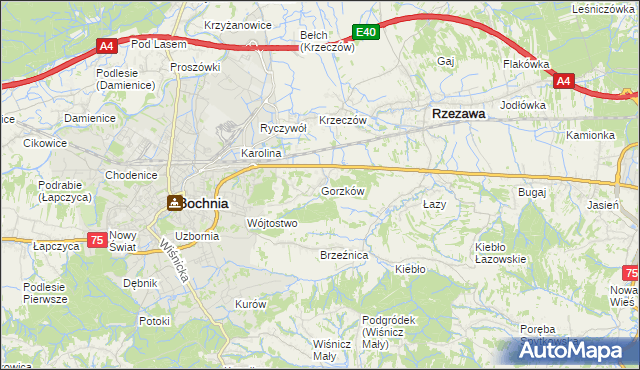 mapa Gorzków gmina Bochnia, Gorzków gmina Bochnia na mapie Targeo