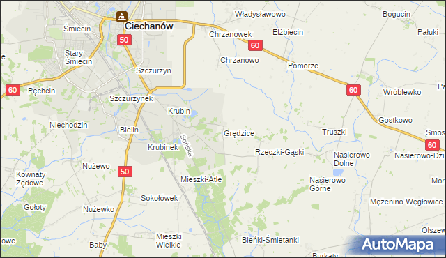 mapa Grędzice gmina Ciechanów, Grędzice gmina Ciechanów na mapie Targeo