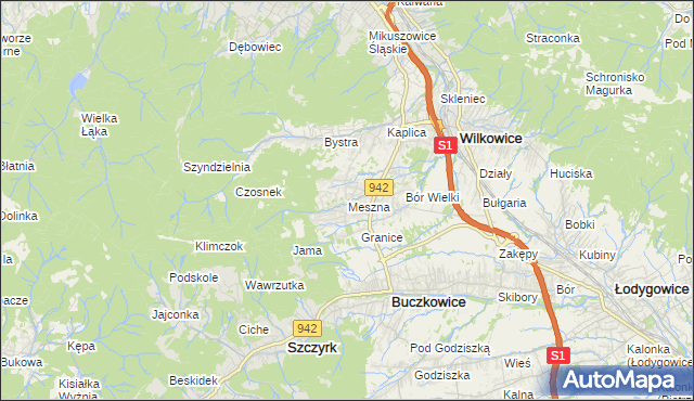 mapa Meszna gmina Wilkowice, Meszna gmina Wilkowice na mapie Targeo