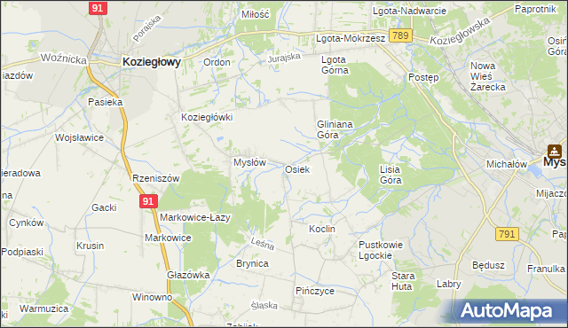 mapa Osiek gmina Koziegłowy, Osiek gmina Koziegłowy na mapie Targeo