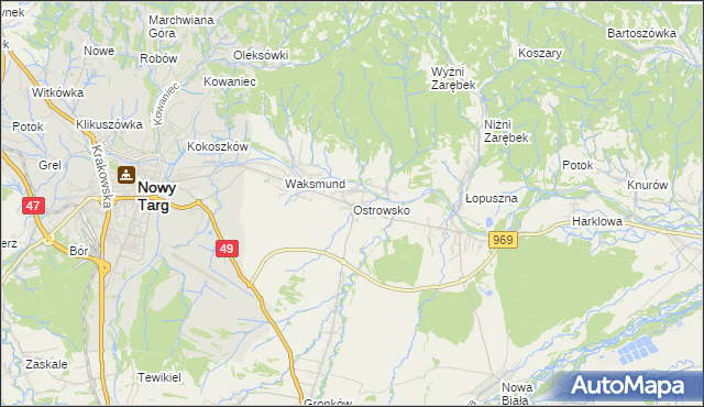 mapa Ostrowsko gmina Nowy Targ, Ostrowsko gmina Nowy Targ na mapie Targeo