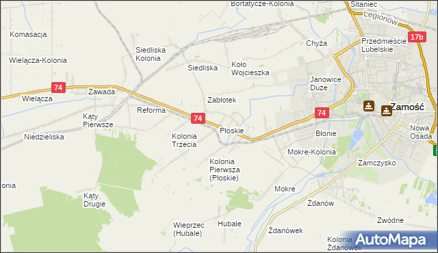 mapa Płoskie gmina Zamość, Płoskie gmina Zamość na mapie Targeo