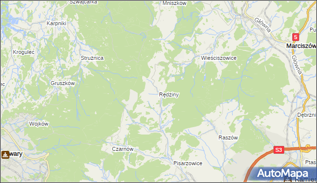 mapa Rędziny gmina Kamienna Góra, Rędziny gmina Kamienna Góra na mapie Targeo