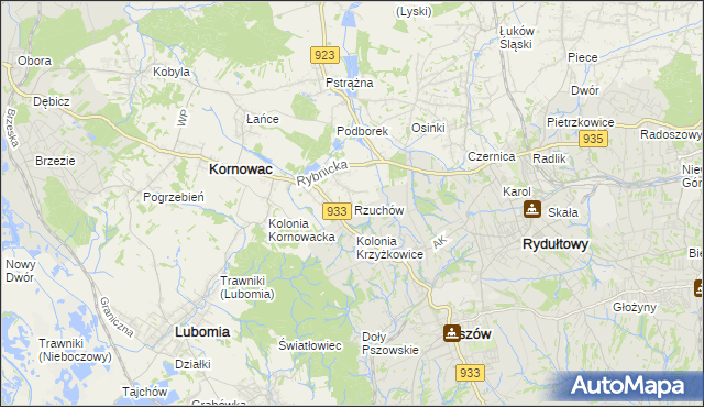 mapa Rzuchów gmina Kornowac, Rzuchów gmina Kornowac na mapie Targeo
