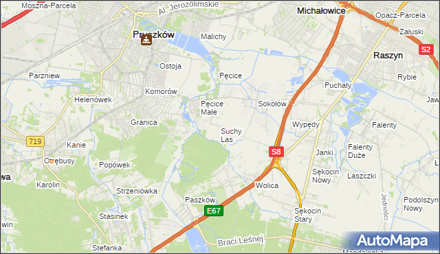 mapa Suchy Las gmina Michałowice, Suchy Las gmina Michałowice na mapie Targeo