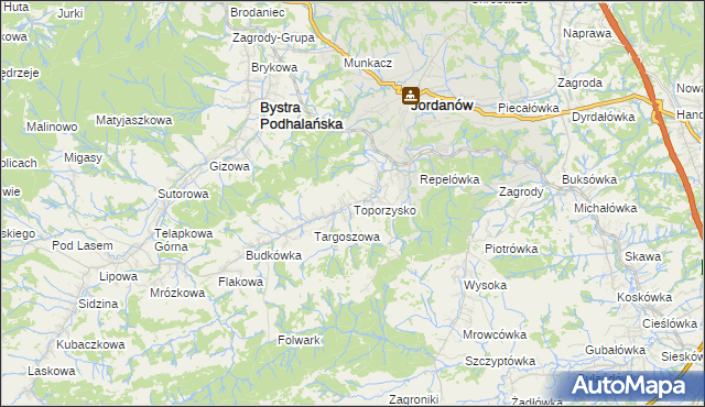 mapa Toporzysko gmina Jordanów, Toporzysko gmina Jordanów na mapie Targeo