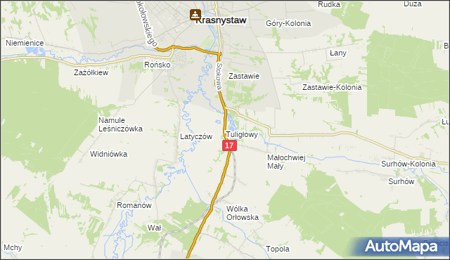 mapa Tuligłowy gmina Krasnystaw, Tuligłowy gmina Krasnystaw na mapie Targeo