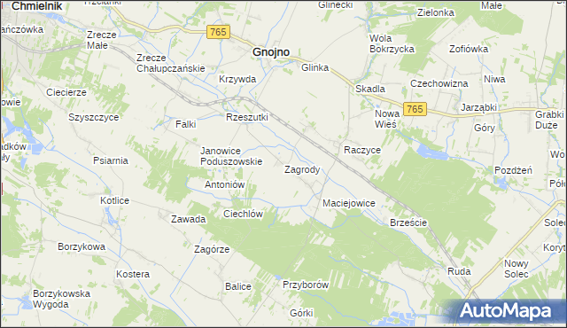 mapa Zagrody gmina Gnojno, Zagrody gmina Gnojno na mapie Targeo