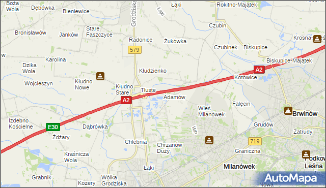 mapa Adamów gmina Grodzisk Mazowiecki, Adamów gmina Grodzisk Mazowiecki na mapie Targeo