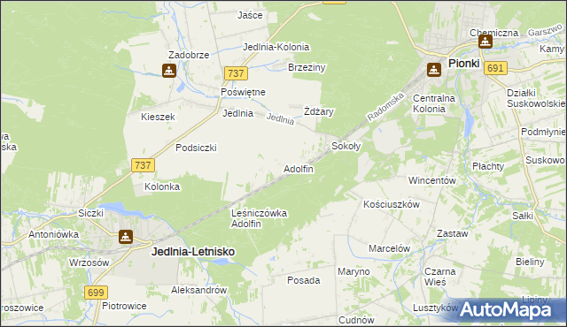 mapa Adolfin gmina Pionki, Adolfin gmina Pionki na mapie Targeo