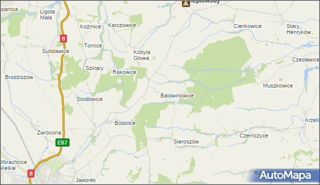 mapa Baldwinowice gmina Ciepłowody, Baldwinowice gmina Ciepłowody na mapie Targeo