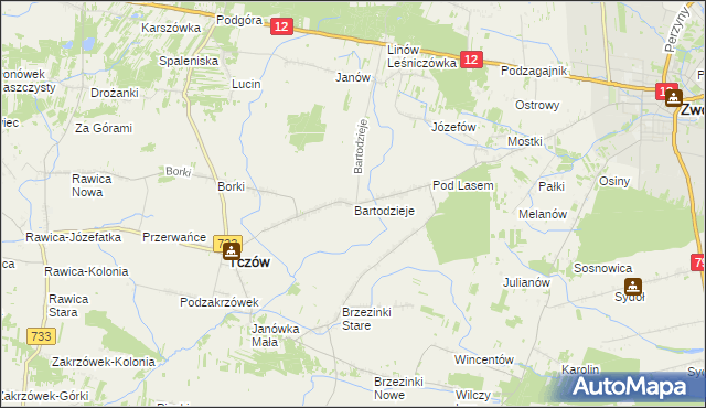 mapa Bartodzieje gmina Tczów, Bartodzieje gmina Tczów na mapie Targeo