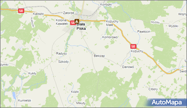 mapa Bełcząc gmina Biała Piska, Bełcząc gmina Biała Piska na mapie Targeo