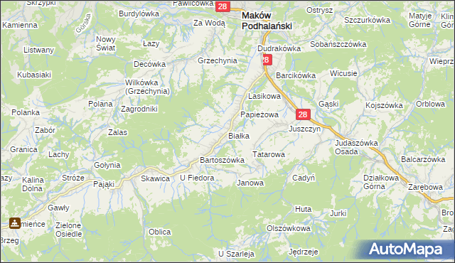 mapa Białka gmina Maków Podhalański, Białka gmina Maków Podhalański na mapie Targeo