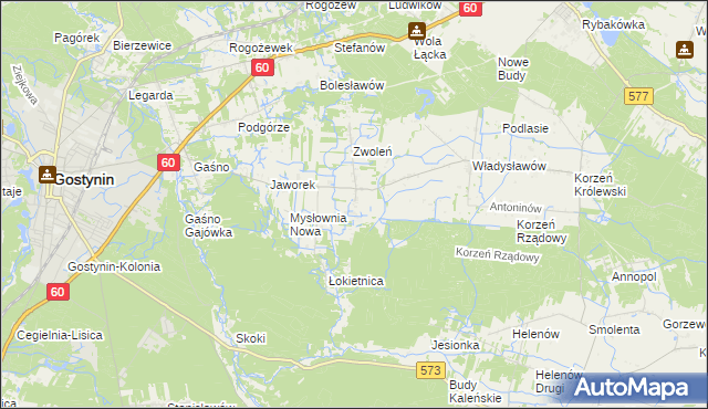 mapa Bielawy gmina Gostynin, Bielawy gmina Gostynin na mapie Targeo