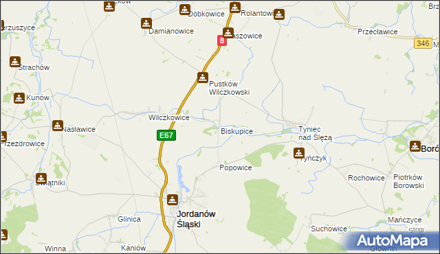 mapa Biskupice gmina Jordanów Śląski, Biskupice gmina Jordanów Śląski na mapie Targeo