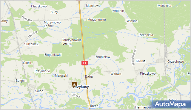 mapa Bronisław gmina Krzykosy, Bronisław gmina Krzykosy na mapie Targeo