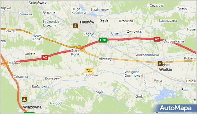 mapa Brzeziny gmina Halinów, Brzeziny gmina Halinów na mapie Targeo