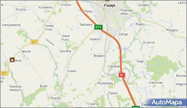 mapa Brzeziny gmina Pasłęk, Brzeziny gmina Pasłęk na mapie Targeo