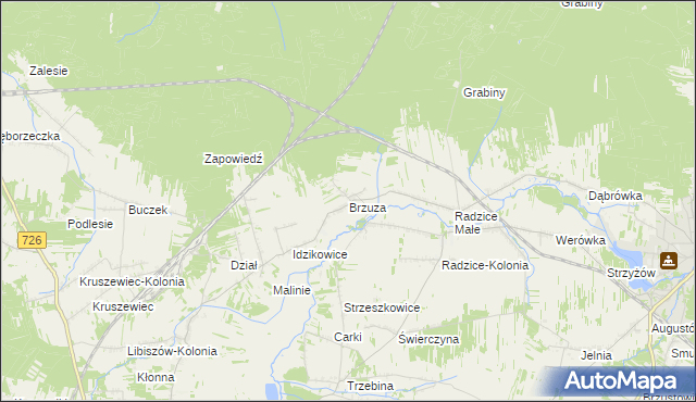 mapa Brzuza gmina Drzewica, Brzuza gmina Drzewica na mapie Targeo