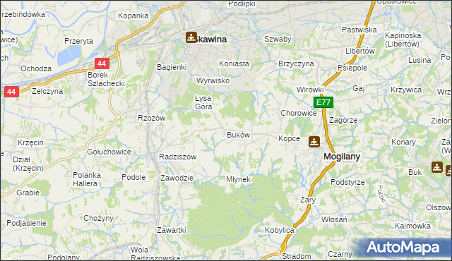 mapa Buków gmina Mogilany, Buków gmina Mogilany na mapie Targeo