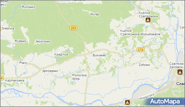 mapa Bukowiec gmina Czarnków, Bukowiec gmina Czarnków na mapie Targeo
